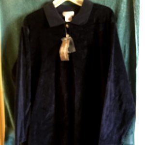 Dark Navy Textured Velour Sweater -2X -Pullover with Gold Accent Buttons